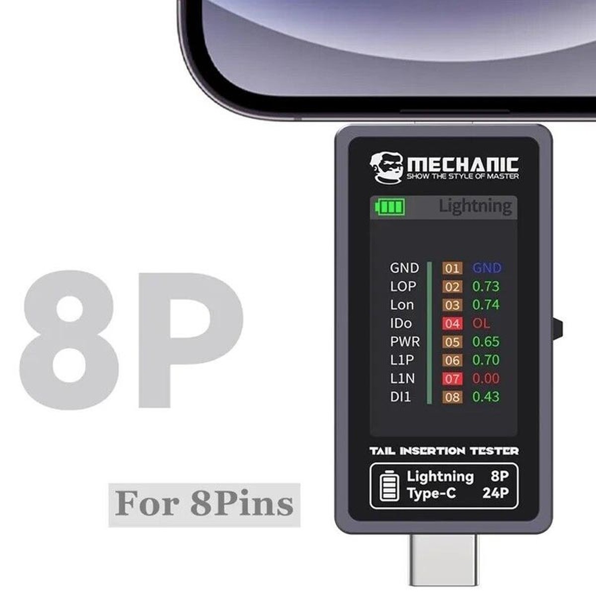 Probador de inserción para puerto USB-C / Lightning T824 Mechanic — imagen 4