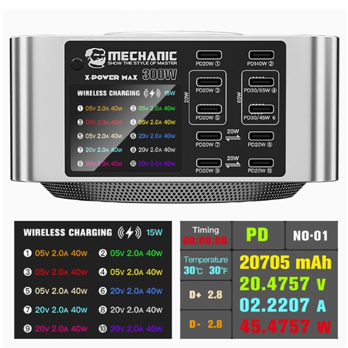 Estación de carga rápida multipuerto con pantalla digital X-Power Max Mechanic con QC 3.0 cargador rápido / cargador inalámbrico (300W) (de 10 puertos) — imagen 3