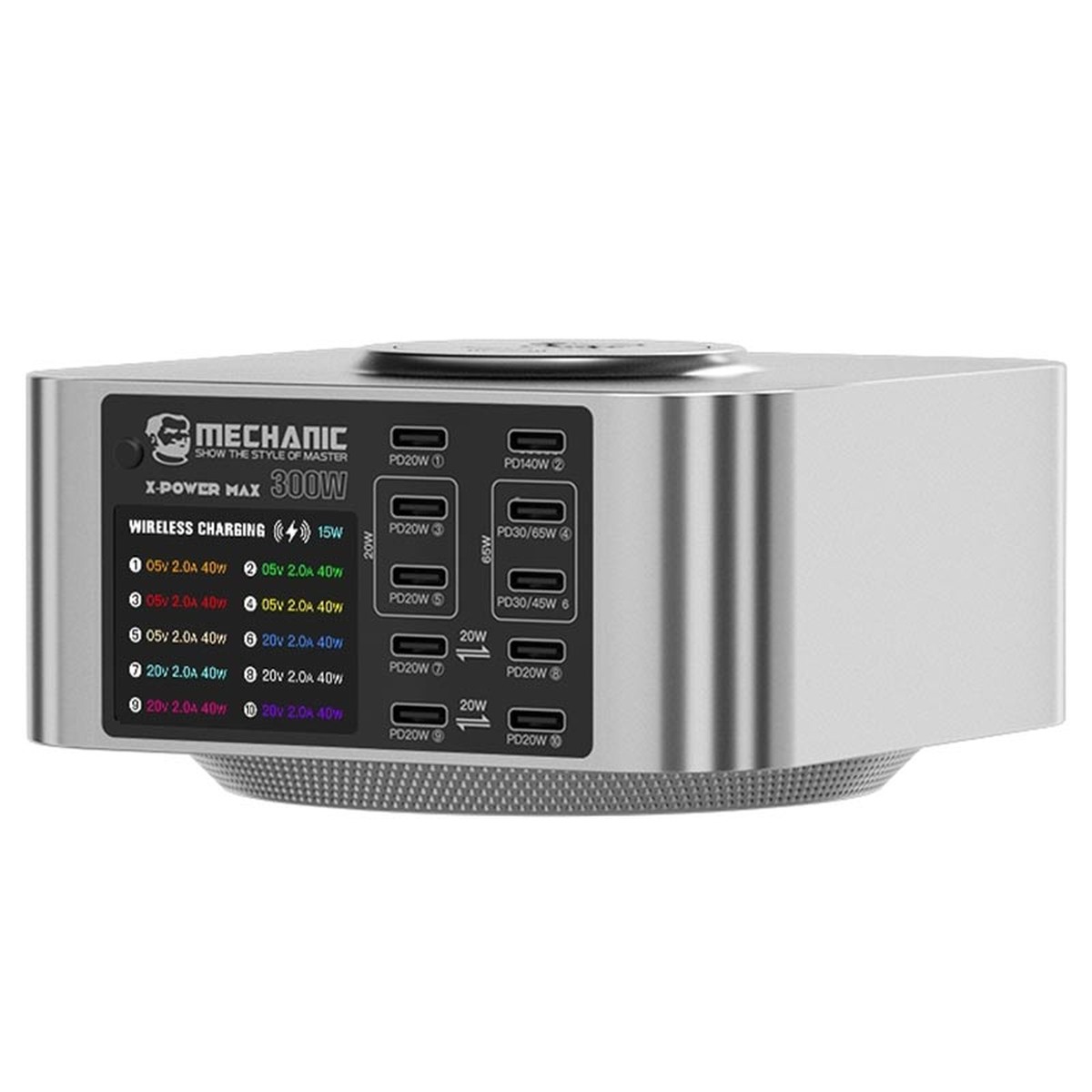 Estación de carga rápida multipuerto con pantalla digital X-Power Max Mechanic con QC 3.0 cargador rápido / cargador inalámbrico (300W) (de 10 puertos)