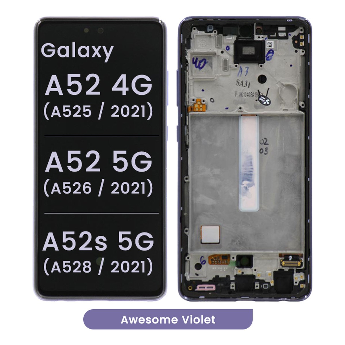 Pantalla OLED con táctil + marco Reacondicionado para Galaxy A52 4G / A52 5G / A52s, A525 / 2021 / A526 / 2021 / A528 /2021 / Awesome Violet