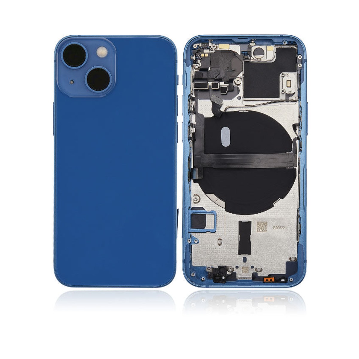 Carcasa trasera con piezas pequeñas preinstaladas para iPhone 13 Mini, azul