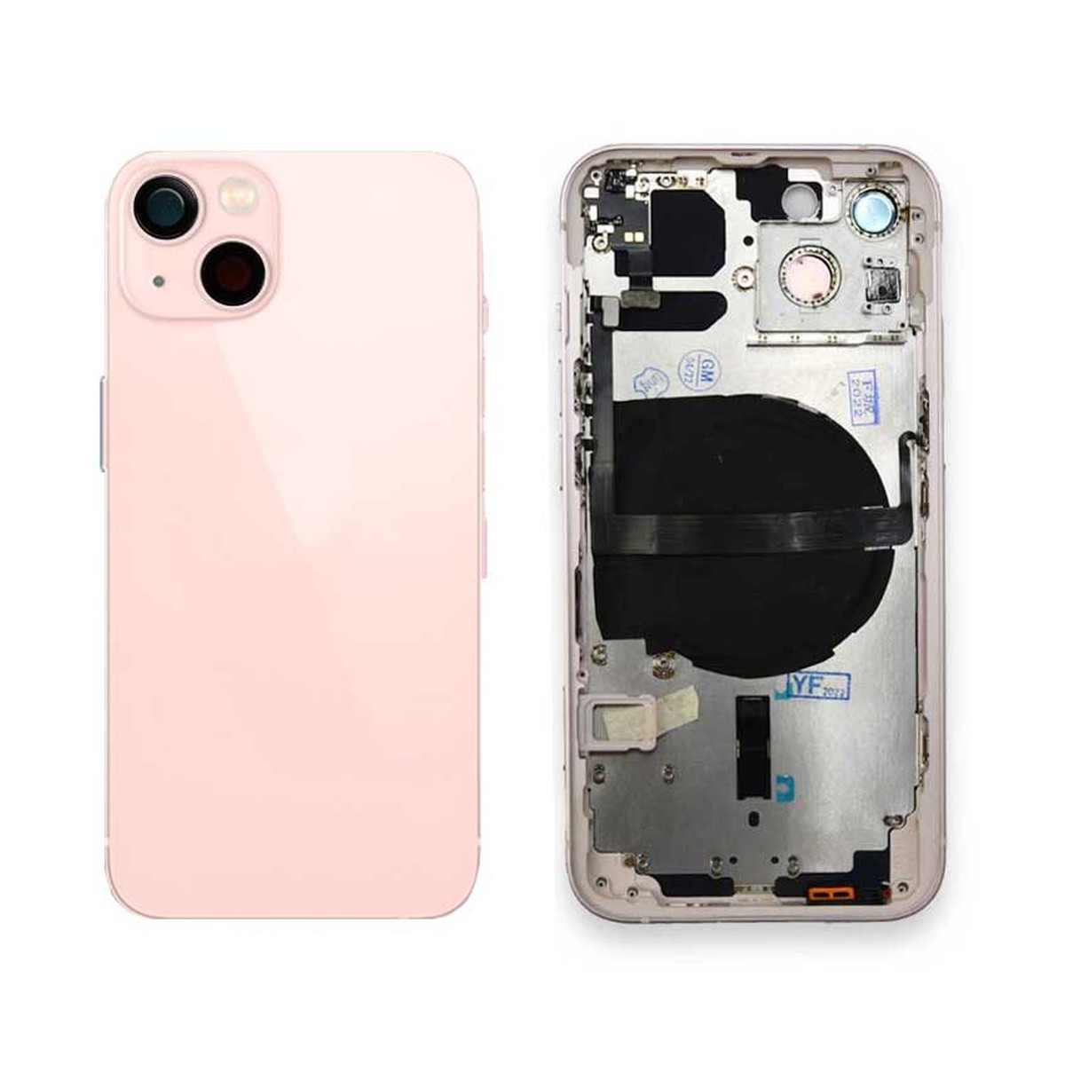 Carcasa trasera con piezas pequeñas preinstaladas para iPhone 13, rosa