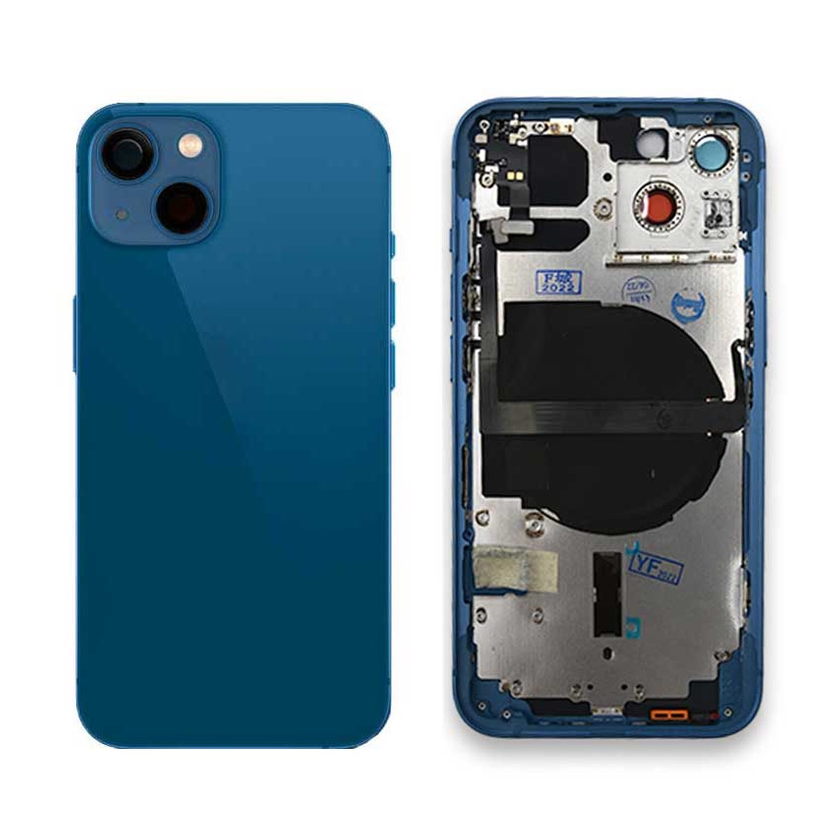 Carcasa trasera con piezas pequeñas preinstaladas para iPhone 13, azul