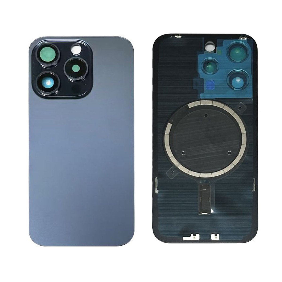 Cristal trasero con imán MagSafe / lente de cámara / bisel de cámara / placa metálica para iPhone 15 Pro, titanio azul