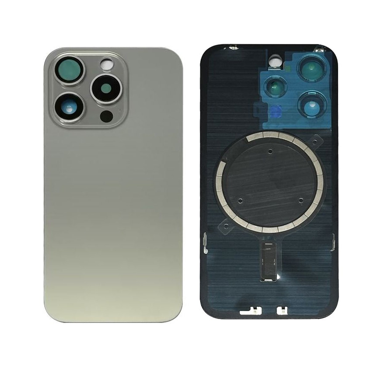 Cristal trasero con imán MagSafe / lente de cámara / bisel de cámara / placa metálica para iPhone 15 Pro, titanio natural