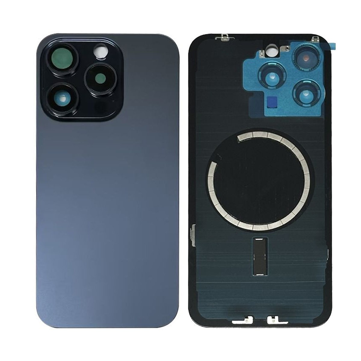 Cristal trasero con imán MagSafe / lente de cámara / bisel de cámara / placa metálica para iPhone 15 Pro Max, titanio azul