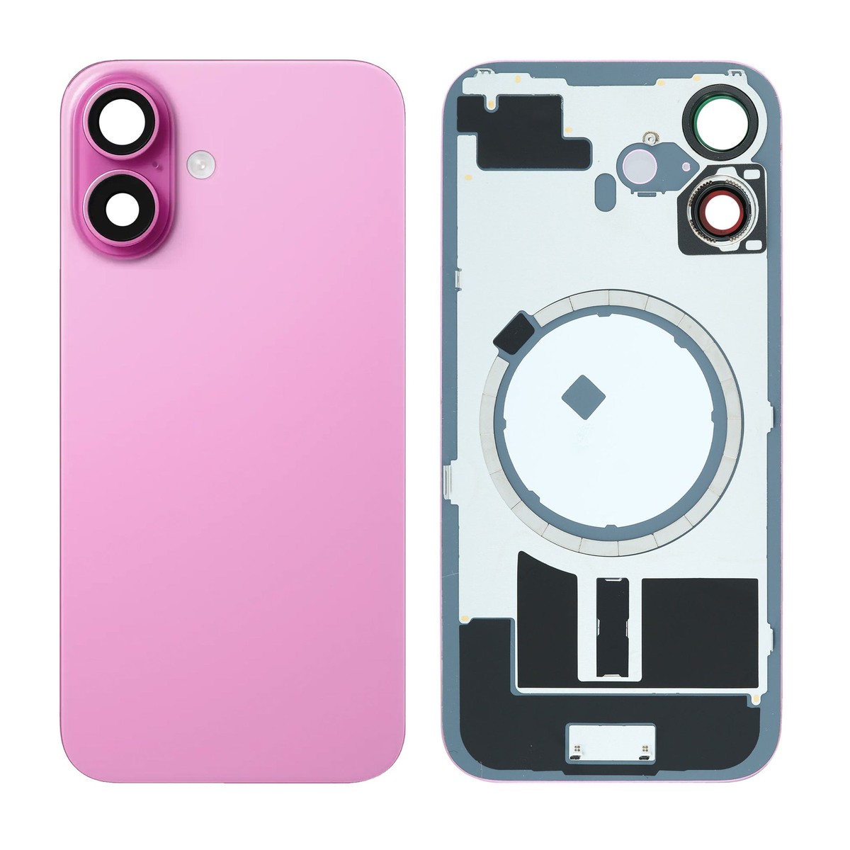 Cristal trasero con marco / imán MagSafe / lente de cámara / bisel de cámara / placa metálica para iPhone 16, rosa