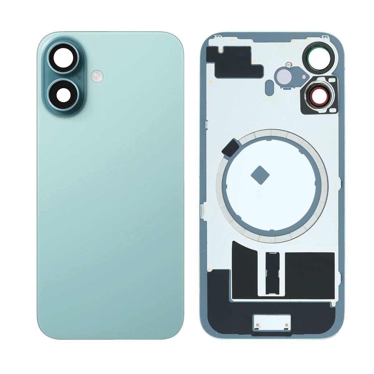 Cristal trasero con marco / imán MagSafe / lente de cámara / bisel de cámara / placa metálica para iPhone 16, verde azulado