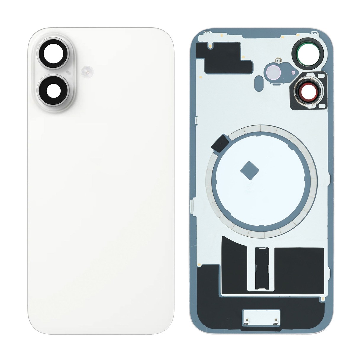 Cristal trasero con marco / imán MagSafe / lente de cámara / bisel de cámara / placa metálica para iPhone 16, blanco