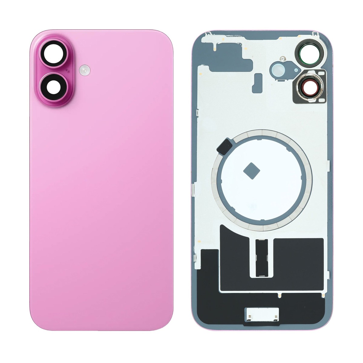 Cristal trasero con marco / imán MagSafe / lente de cámara / bisel de cámara / placa metálica para iPhone 16 Plus, rosa