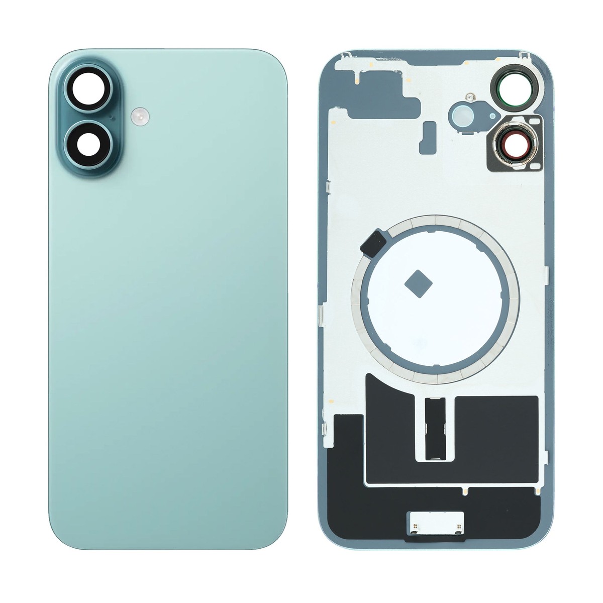 Cristal trasero con marco / imán MagSafe / lente de cámara / bisel de cámara / placa metálica para iPhone 16 Plus, verde azulado