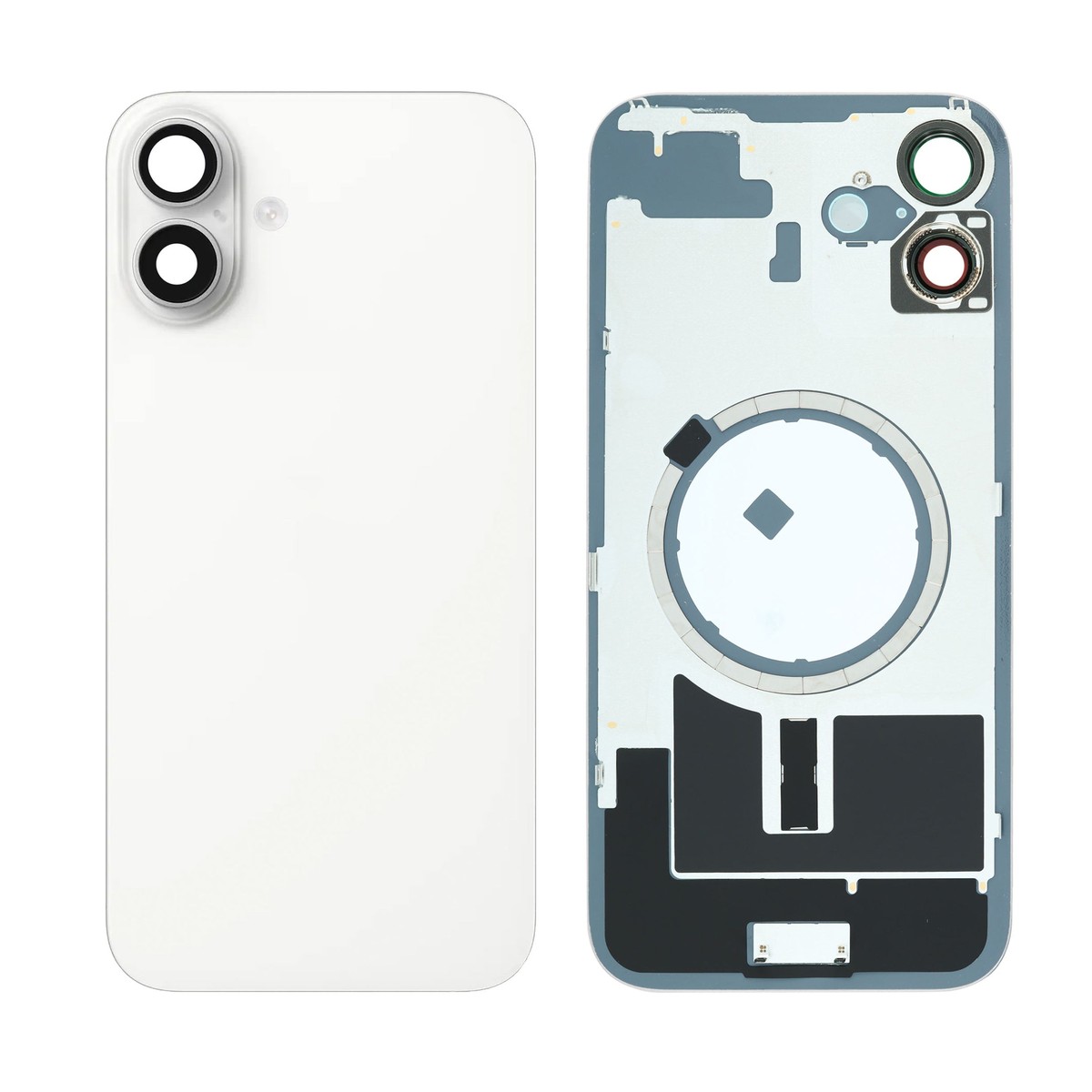 Cristal trasero con marco / imán MagSafe / lente de cámara / bisel de cámara / placa metálica para iPhone 16 Plus, blanco