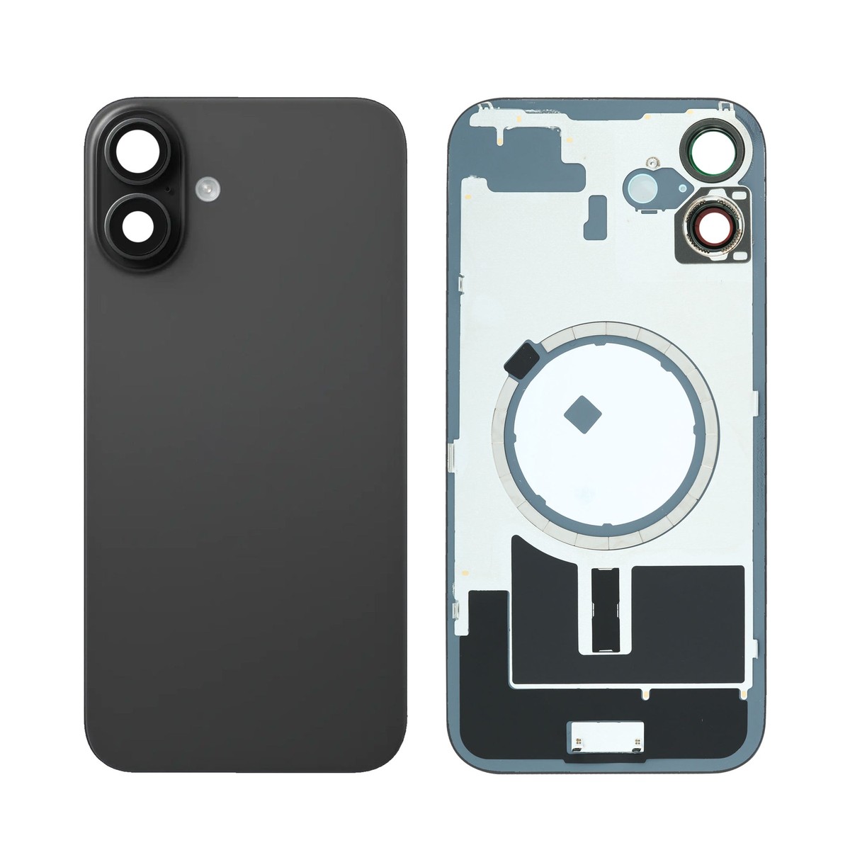 Cristal trasero con marco / imán MagSafe / lente de cámara / bisel de cámara / placa metálica para iPhone 16 Plus, negro