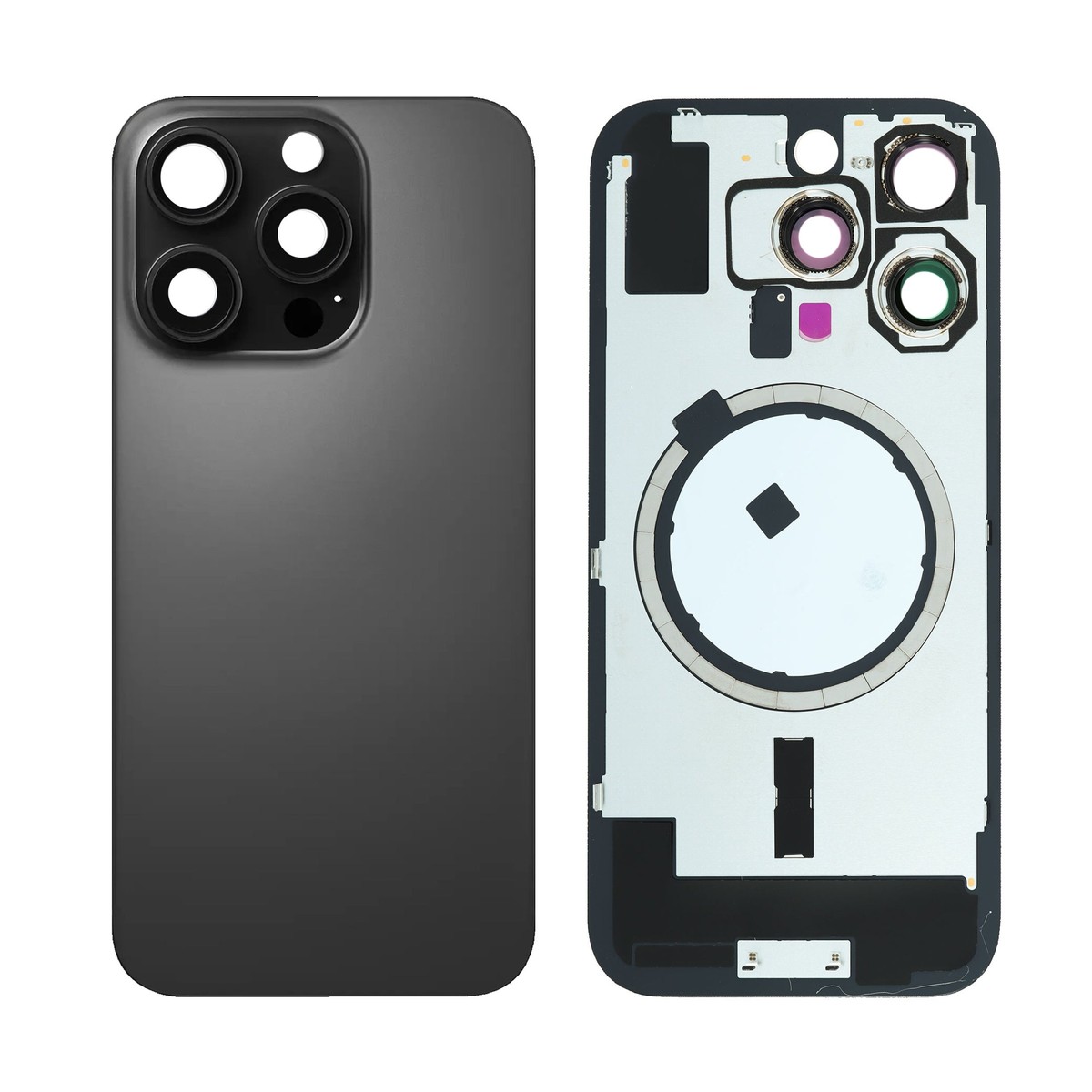 Cristal trasero con marco / imán MagSafe / lente de cámara / bisel de cámara / placa metálica para iPhone 16 Pro, titanio negro