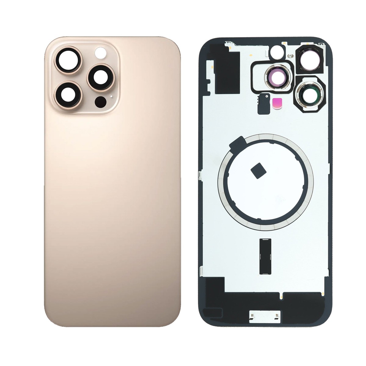 Cristal trasero con marco / imán MagSafe / lente de cámara / bisel de cámara / placa metálica para iPhone 16 Pro Max, titanio desierto