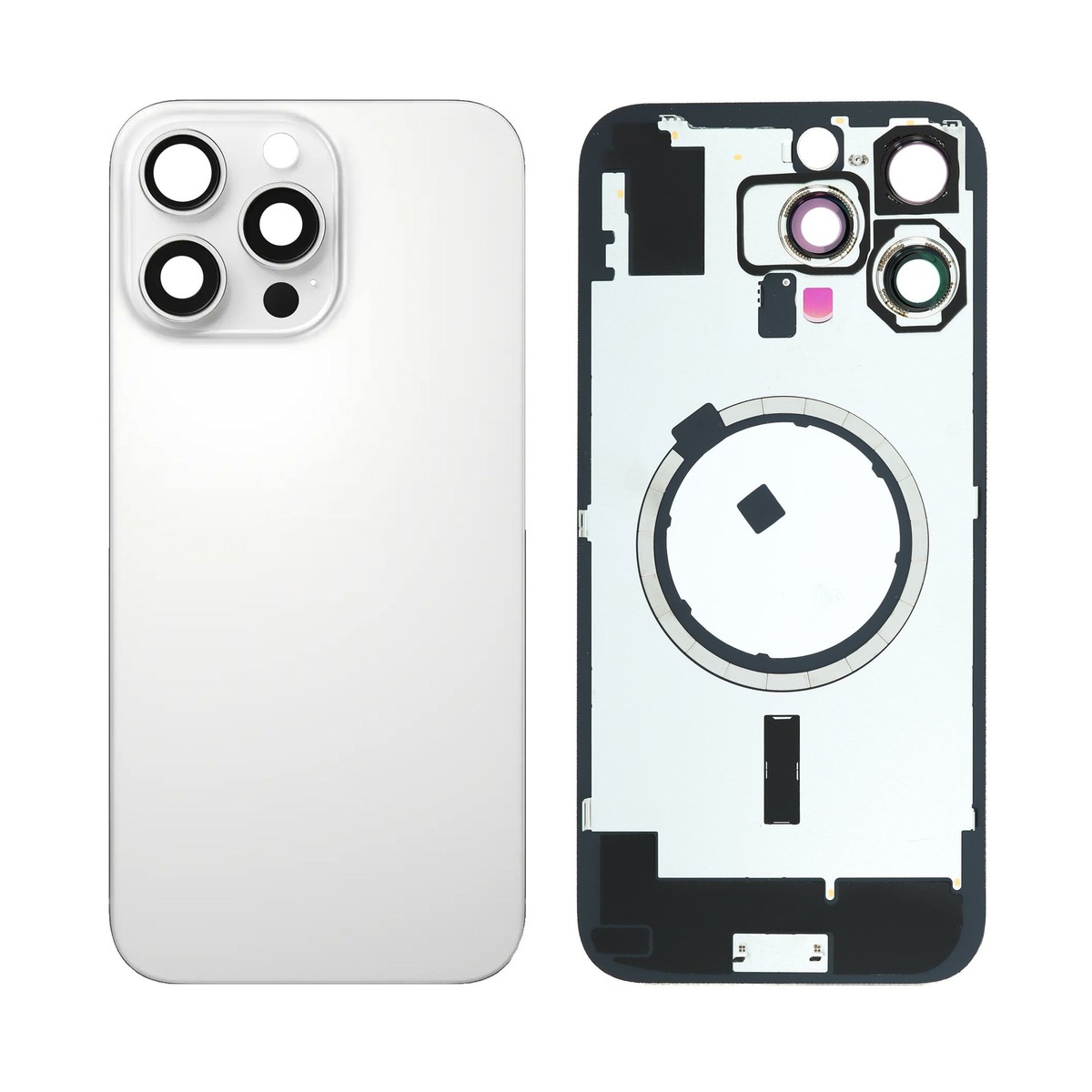 Cristal trasero con marco / imán MagSafe / lente de cámara / bisel de cámara / placa metálica para iPhone 16 Pro Max, titanio blanco