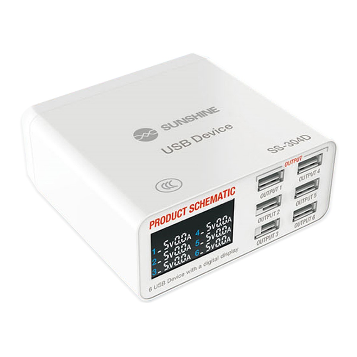 Concentrador de carga USB múltiple inteligente Sunshine SS-304D de 6 puertos con pantalla LED y adaptador de corriente — imagen 2