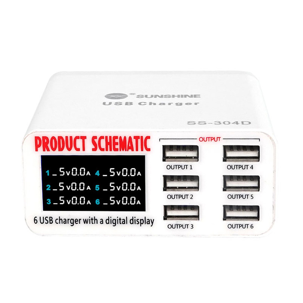 Concentrador de carga USB múltiple inteligente Sunshine SS-304D de 6 puertos con pantalla LED y adaptador de corriente