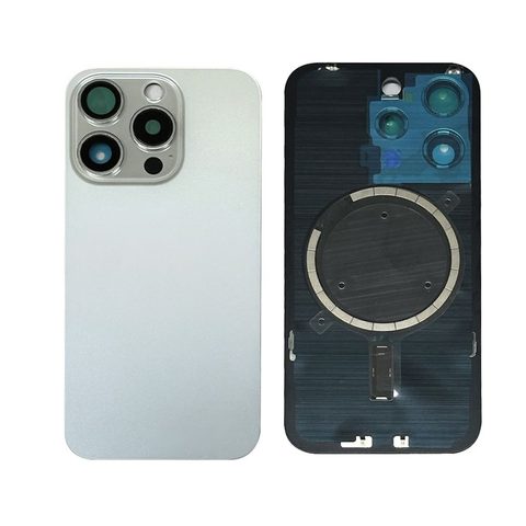 Cristal trasero con imán MagSafe / lente de cámara / bisel de cámara / placa metálica para iPhone 15 Pro, titanio blanco