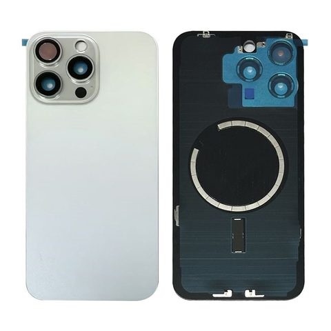 Cristal trasero con imán MagSafe / lente de cámara / bisel de cámara / placa metálica para iPhone 15 Pro Max, titanio blanco
