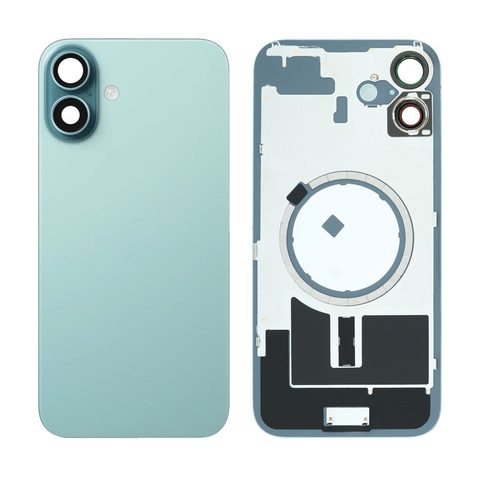 Cristal trasero con marco / imán MagSafe / lente de cámara / bisel de cámara / placa metálica para iPhone 16 Plus, verde azulado