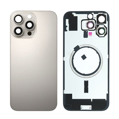 Cristal trasero con marco / imán MagSafe / lente de cámara / bisel de cámara / placa metálica para iPhone 16 Pro Max, titanio natural