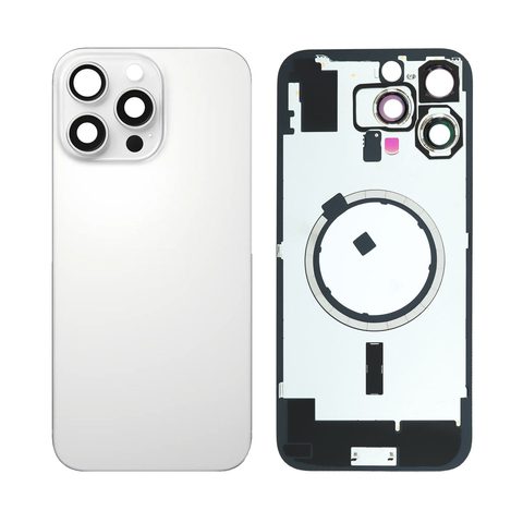 Cristal trasero con marco / imán MagSafe / lente de cámara / bisel de cámara / placa metálica para iPhone 16 Pro Max, titanio blanco