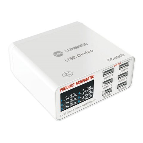 Concentrador de carga USB múltiple inteligente Sunshine SS-304D de 6 puertos con pantalla LED y adaptador de corriente — imagen 2